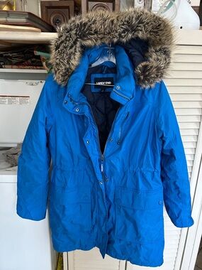 Lands' End Blue Parka Down long puffer with Faux Fur Hood
